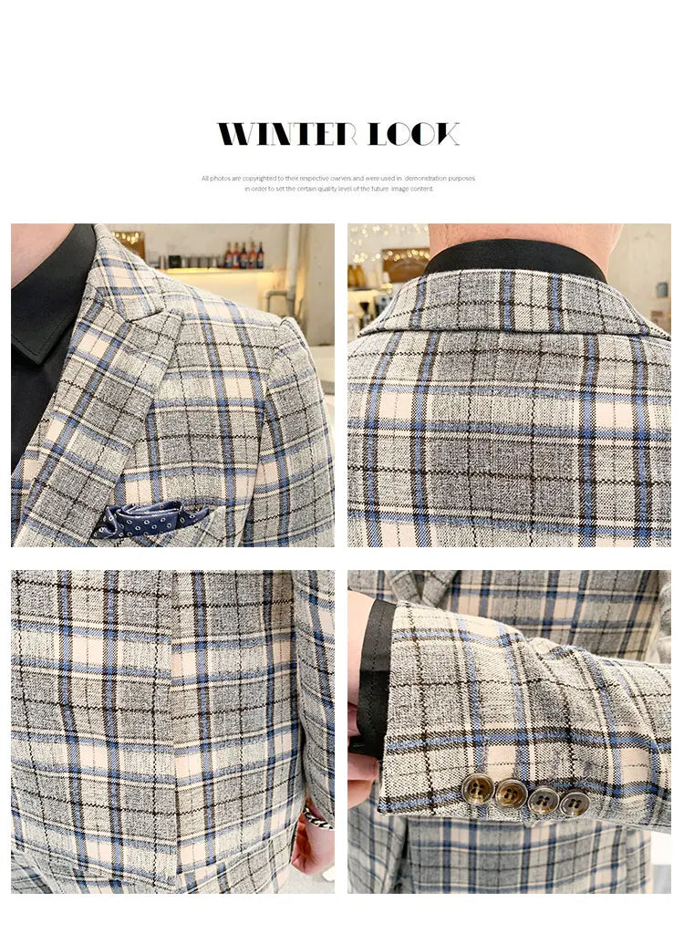 ( Jackets + Vest + Pants ) New Fashion Boutique Plaid Mens Casual Business Suit Groom Wedding Dress Suit 3pces Set Male Blazer