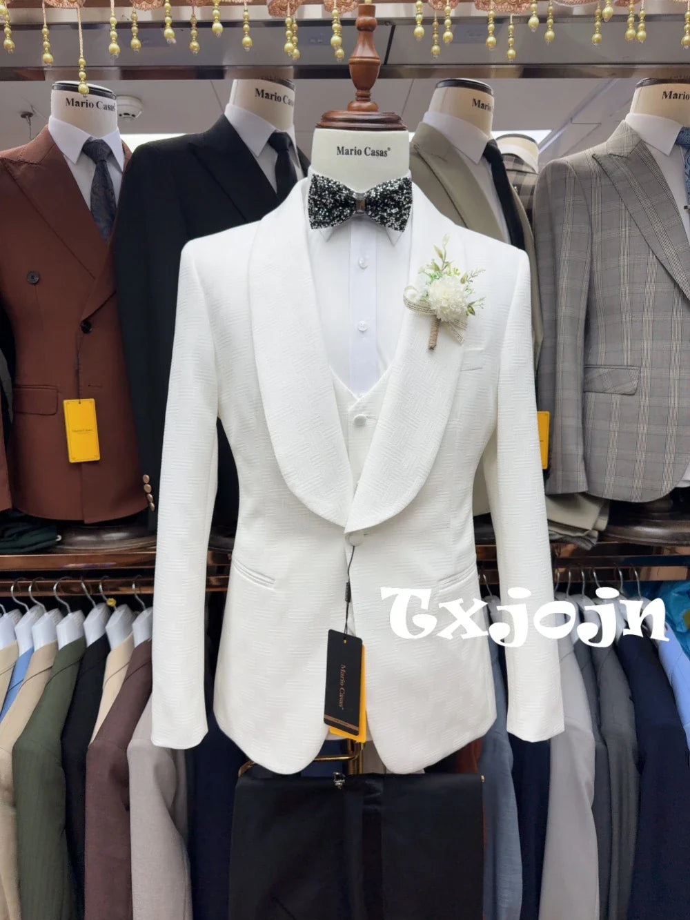 White Fully Jacquard Suit Set 3 Pieces For Men Wedding Groom Sets Handsome Elegant Shawl Lapel Men's Suits Party Tuxedo S-3XL