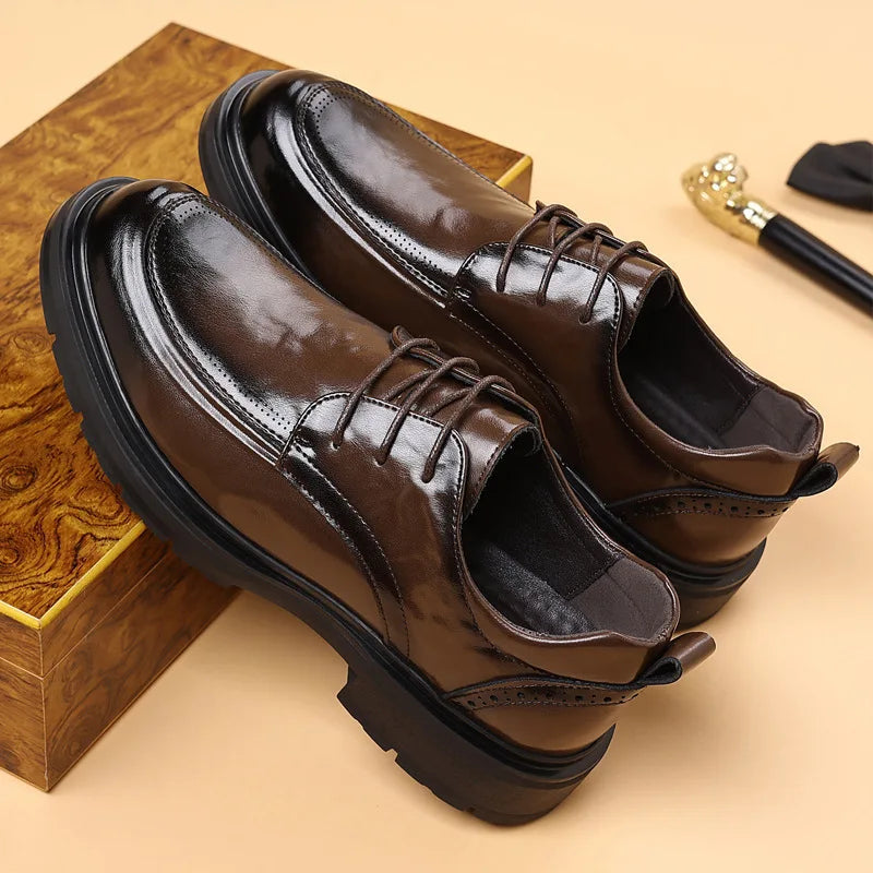 Spring Autumn Business Leather Shoes for Men Solid Color Lace Designer Big Head Dress Shoes Male Fashion Platform Casual Shoe