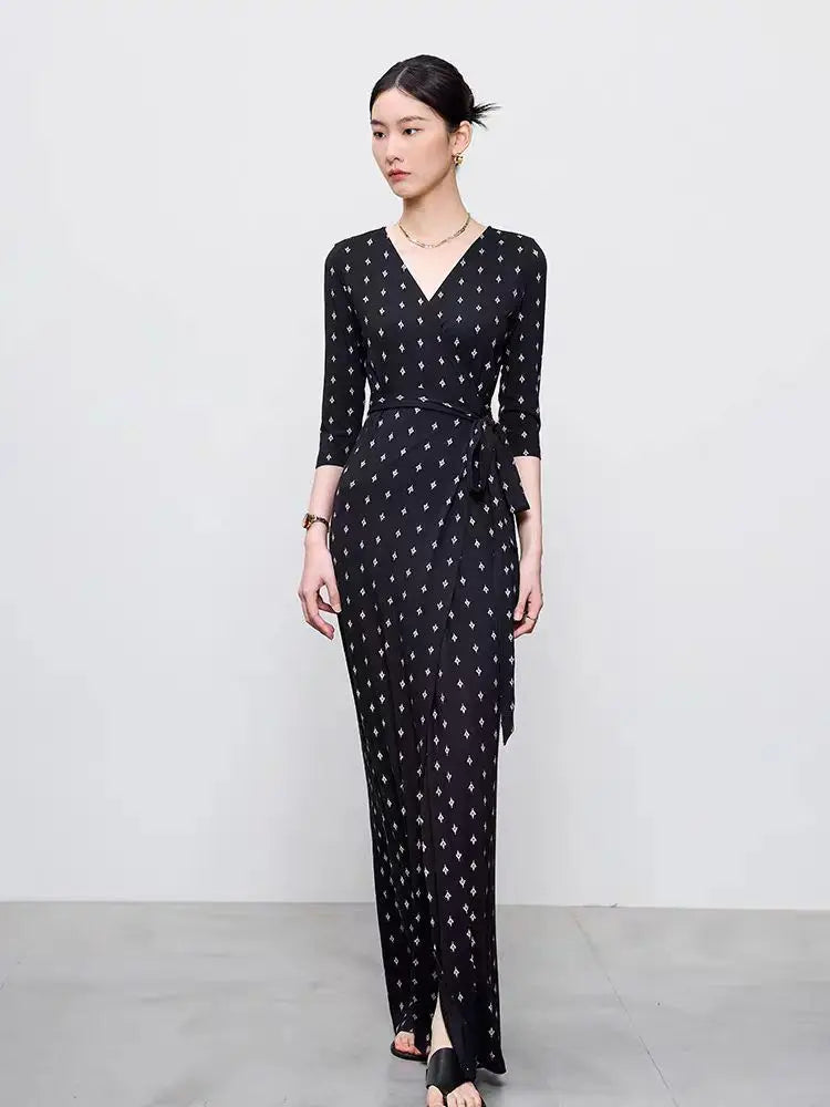 High End Half Sleeved Floral Long Dress For Women, 2026 Spring/Summer One-Piece Lace Up Lazy And Relaxed Vacation Dress