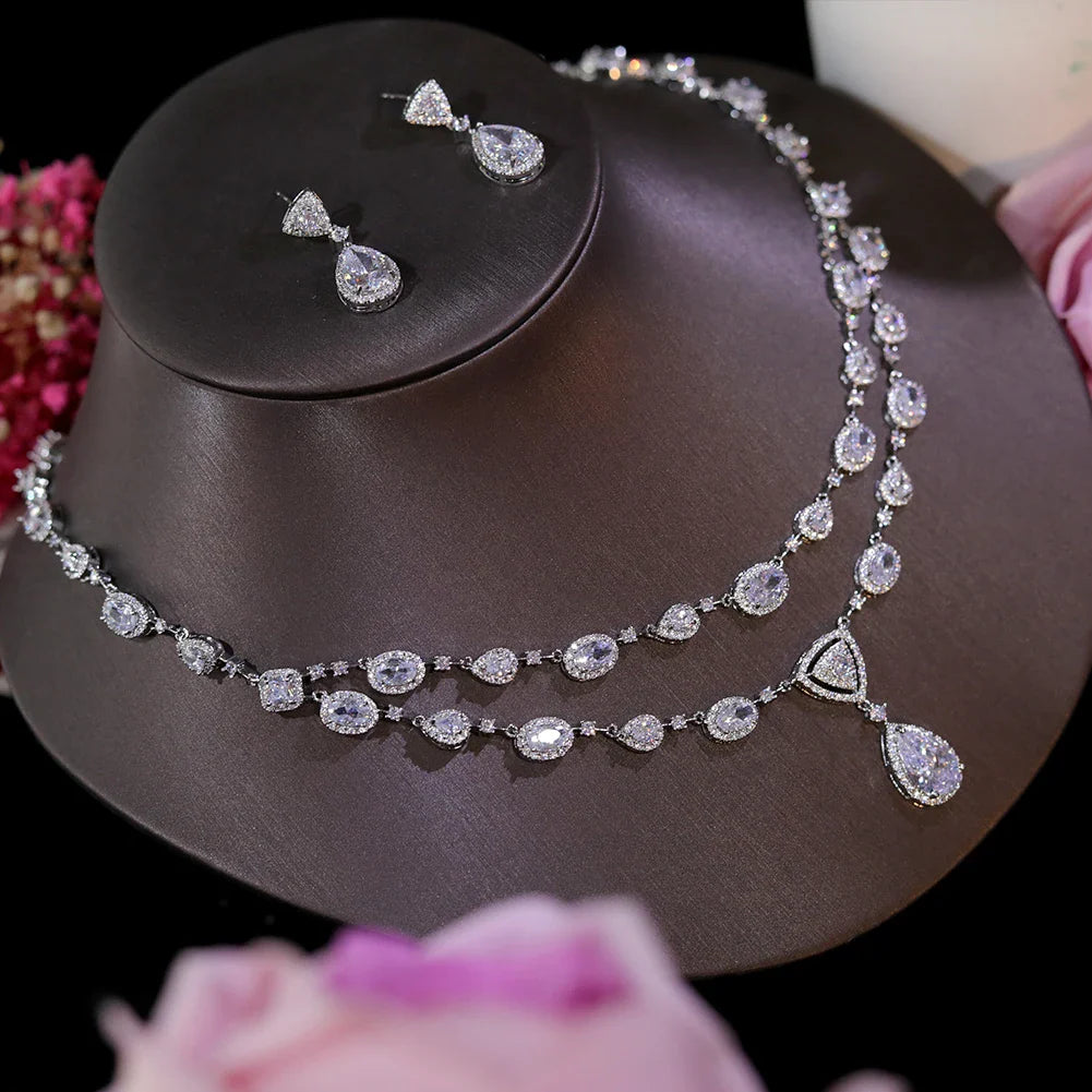 White Transparent Two-layer Water Drop 2PCS Crystal Necklace and Earring Zircon Jewelry Sets Wedding Party Bridal Accessories