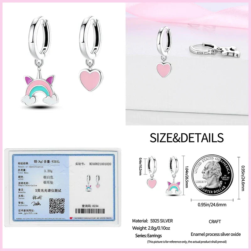 Earrings For Womens 925 Silver Color Pink Rainbow Horse Bear Bee Double Hoop Earrings Fine Engagement Anniversary Jewelry Gifts