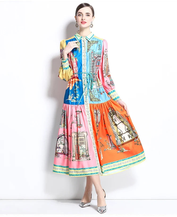 French Court Style Long Sleeve Dress Luxury Vintage Lapel Midi Dress Women Elegant Button-up Belted Party Dress Vestidos