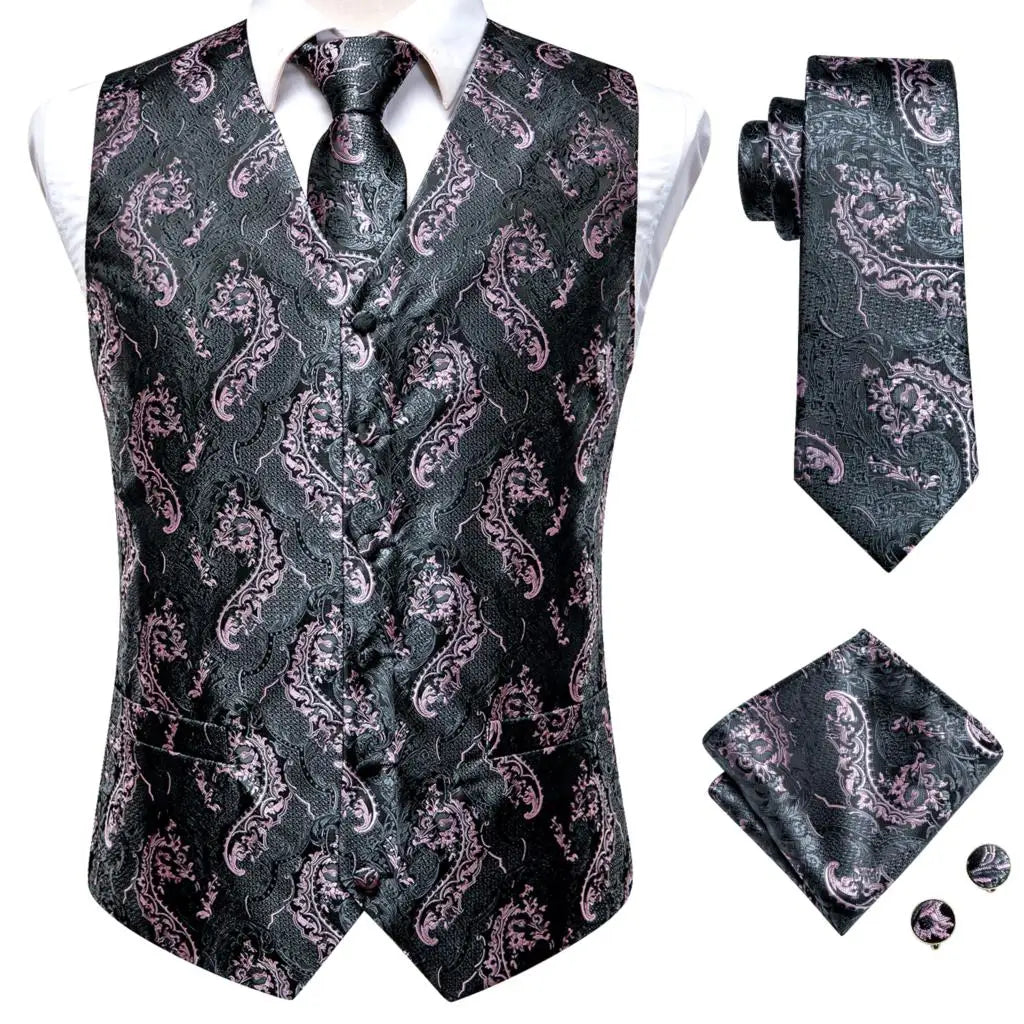 Fashion Silk Vest For Men Classic Gold Champane Yellow Waistcoat Jacket Tie Hankerchief Cufflinks Sets Dress Suit Wedding Hi-Tie