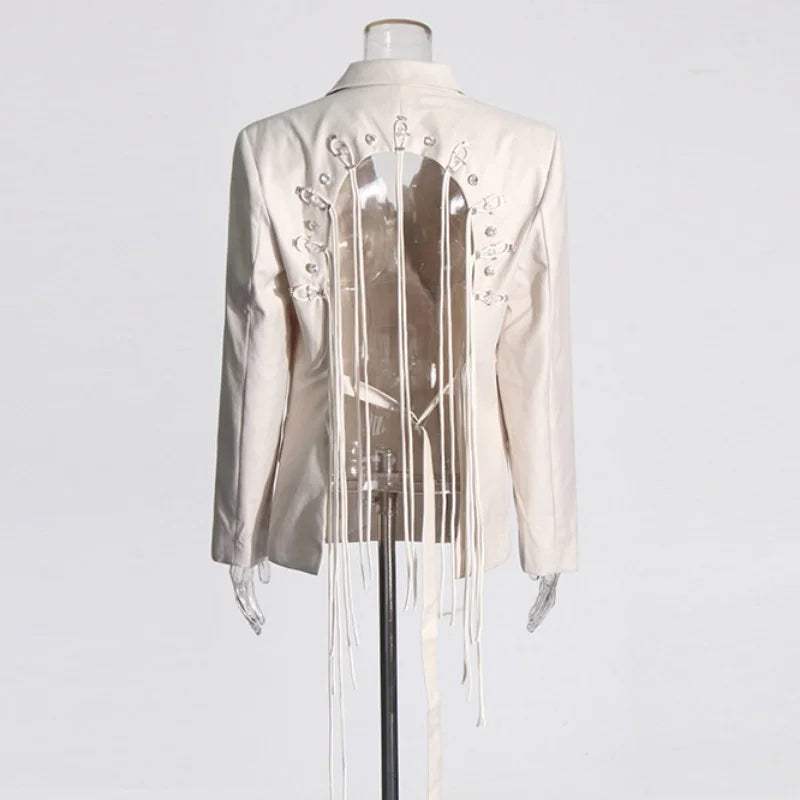 New Arrival Women Back Hollow Out Design Double Breasted Suit Jackets Y2K High Street Streamer Decoration Temperament Coat