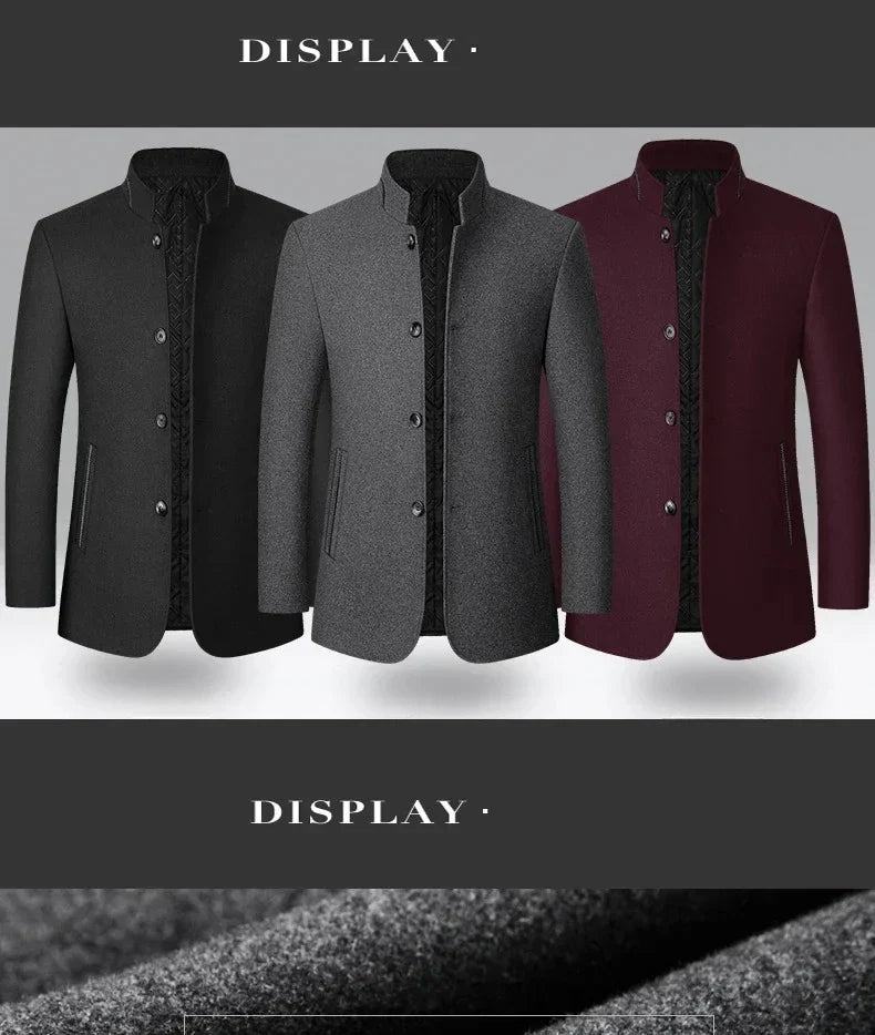 TFETTERS Brand 2026 Winter Coat Mens Chinese Stand Collar Solid Coats for Man Autumn and Winter Business Casual Woolen Jacket