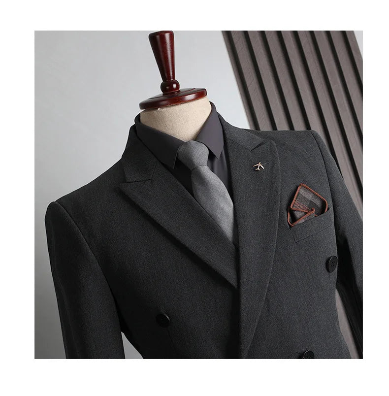 Man Suit Outfit Double-breasted Blazer Men V-neck Vest Straight-leg Pant Male Slim Business Wedding Three-piece Set