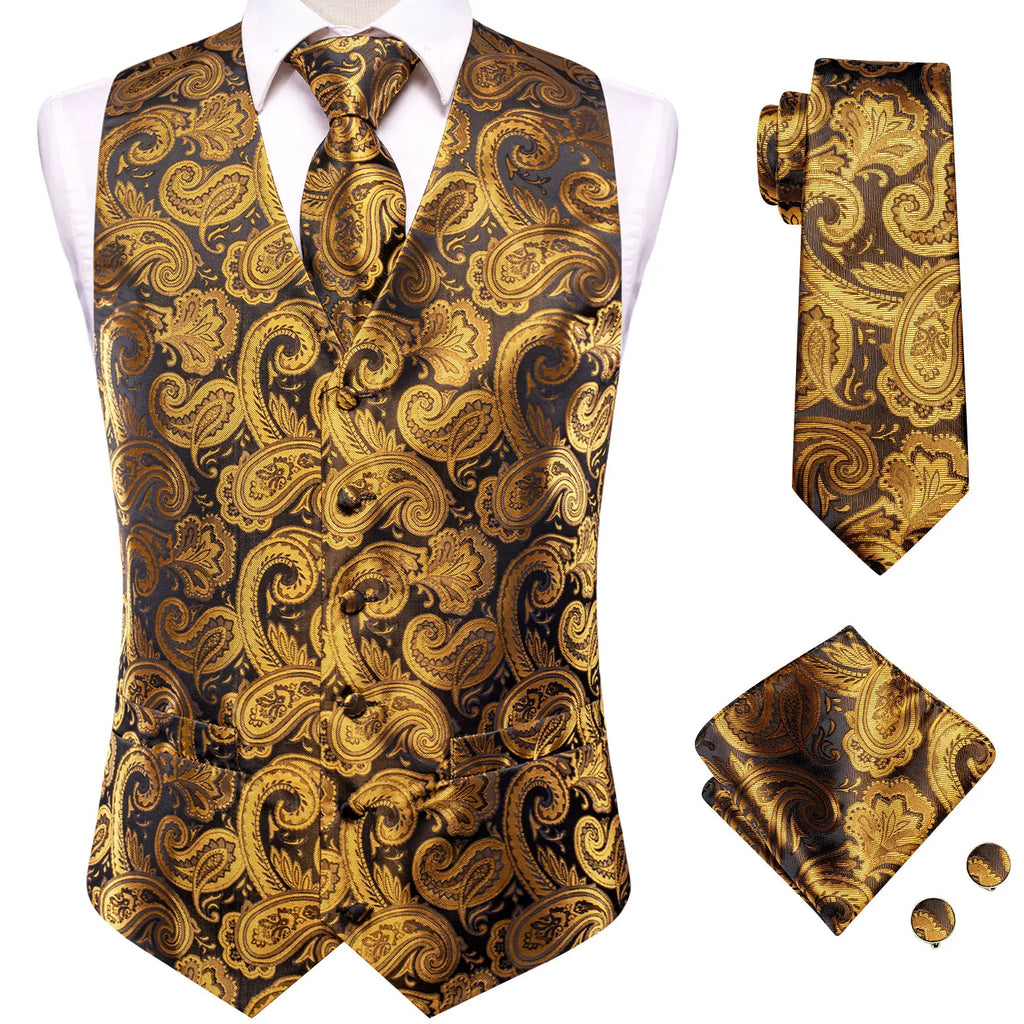 Silk Men's Vests and Tie Business Formal Dresses Slim Vest 4PC Necktie Hanky cufflinks for Suit Blue Paisley Floral Waistcoat