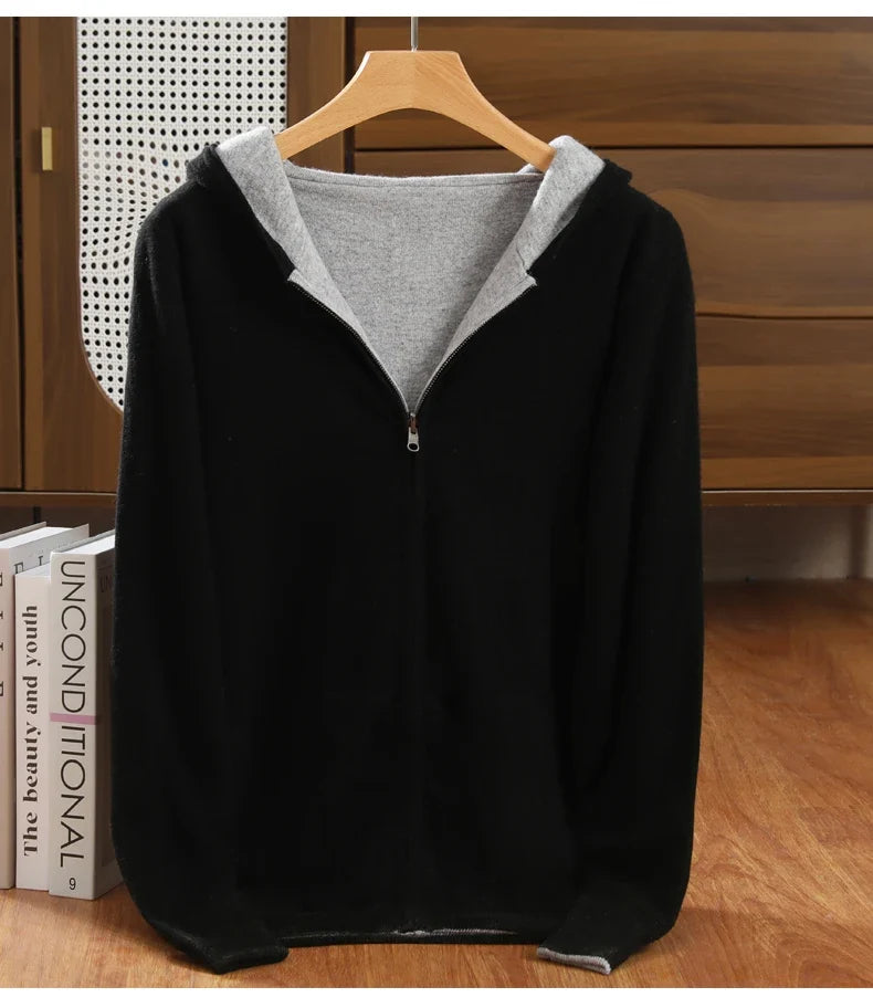 Double-Sided Hooded Zippered Men's Cashmere Cardigan Autumn and Winter Contrasting Color Thickened Loose Casual Knitted Sweater