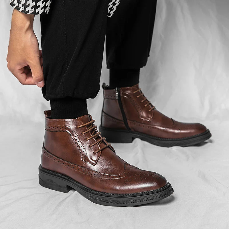 New Fashionable Winter Patent Leather Brogue Ankle Boots Men's Lace up High Tops For Men Flats Everyday All Match Shoes