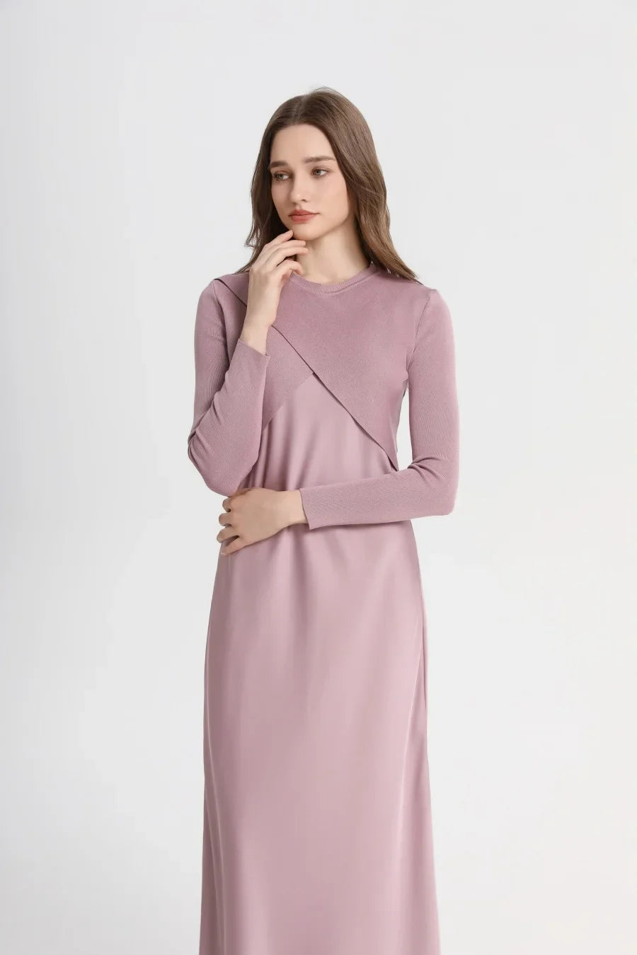 2025 spring summer elegance satin dress + knitted top match set maxi floor length woman clothes