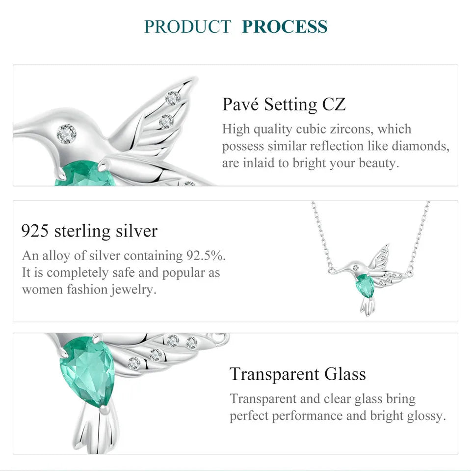 925 Sterling Silver White Gold Plated Hummingbird Necklace Bird Pendant Neck Chain for Women Party Fine Jewelry Gift