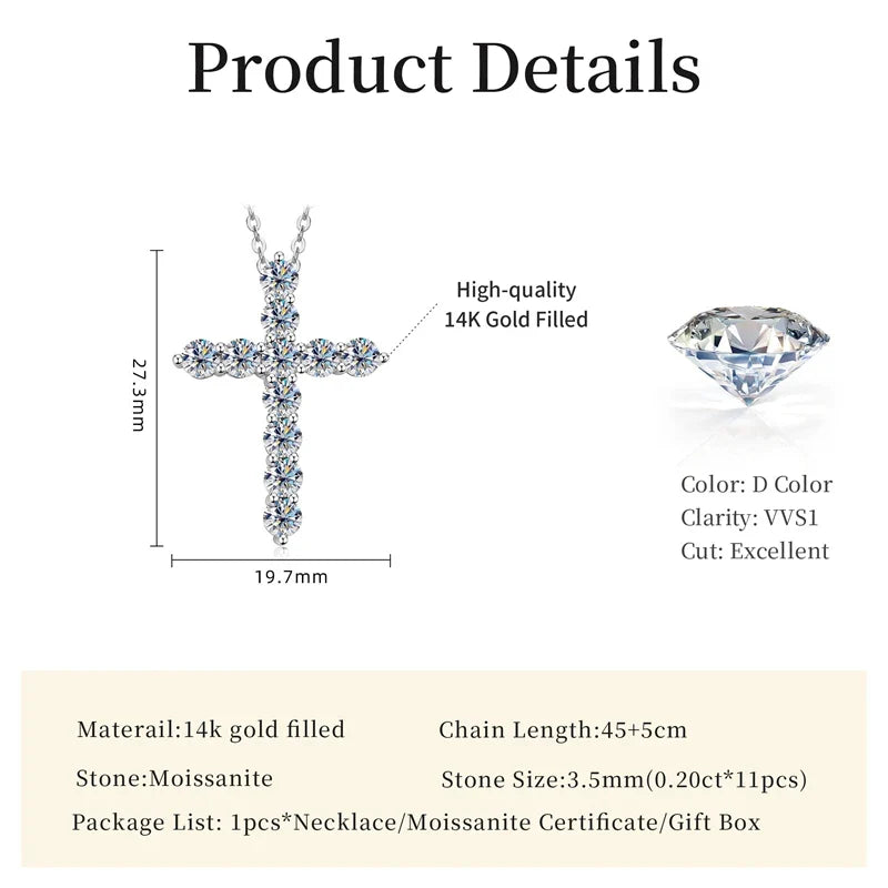 14K Gold Filled Cross Pendant Necklace Certified 3.5MM Full Moissanite Necklaces for Women Lab Diamond Vintage Jewelry