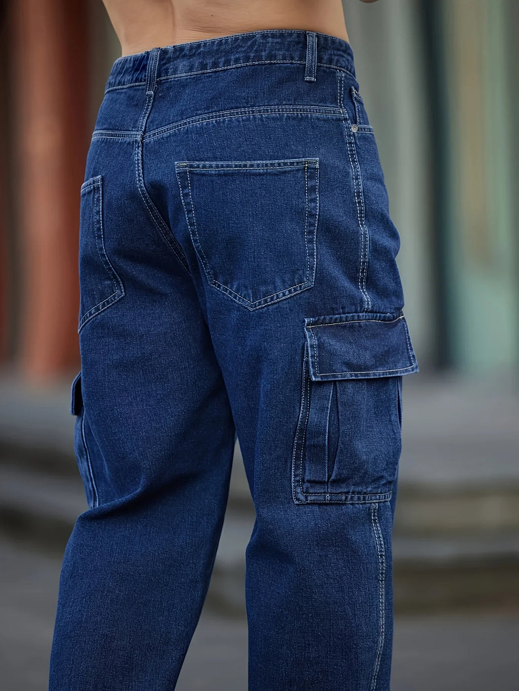 Men's Deep Blue Washed Denim Workwear Jeans Casual Multiple Pockets Design Loose Wide Leg Trousers Y2K Style Cargo Pants