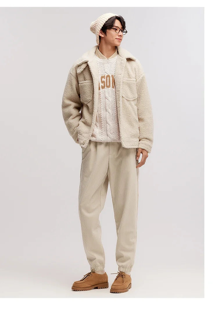 Jacket Men Plush Outerwear 2024 New Couple Solid Color Versatile Loose Imitation Lamb Wool Winter Outfit Neutral Style