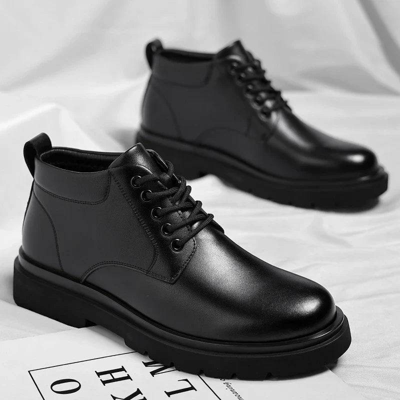 Mens Black Leather Lace Up Mid Top Boots Winter Warm Formal Business Office Wedding Shoes Black Work Boots Fashionable Dad Shoes