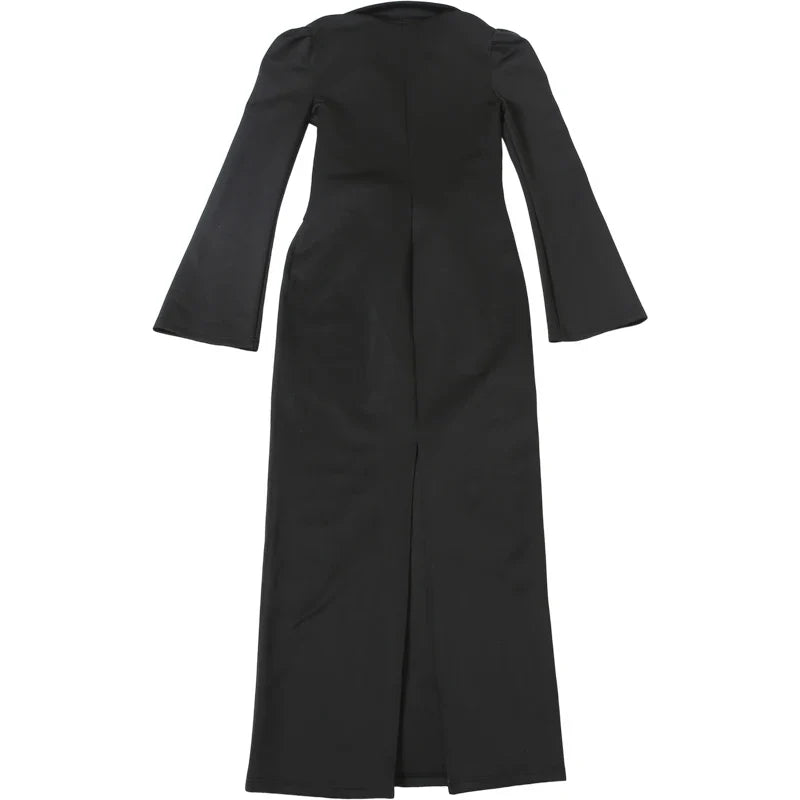 Sexy Maxi Dress Women Shoulder Padded Zip Wrapped Bandage Long Sleeve Slit Elegant Solid Office Simple Skinny Bodycon