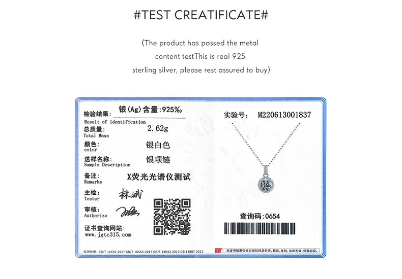 925 Sterling Silver Charm Round 1CT 5A Zirconia Pendant Necklace Classic Platinum Plated Jewelry For Women Wedding Gifts
