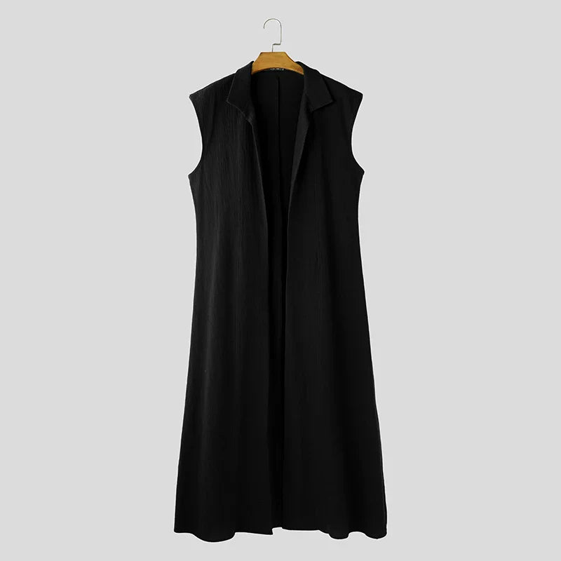 INCERUN Men Long Style Shirts Solid Stand Collar Sleeveless Casual Male Cardigan Streetwear 2025 Fashion Open Stitch Outerwear
