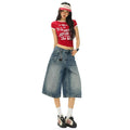 Vintage Washed Loose Straight Leg Denim Capri Men Women Lightning Print Streetwear Shorts