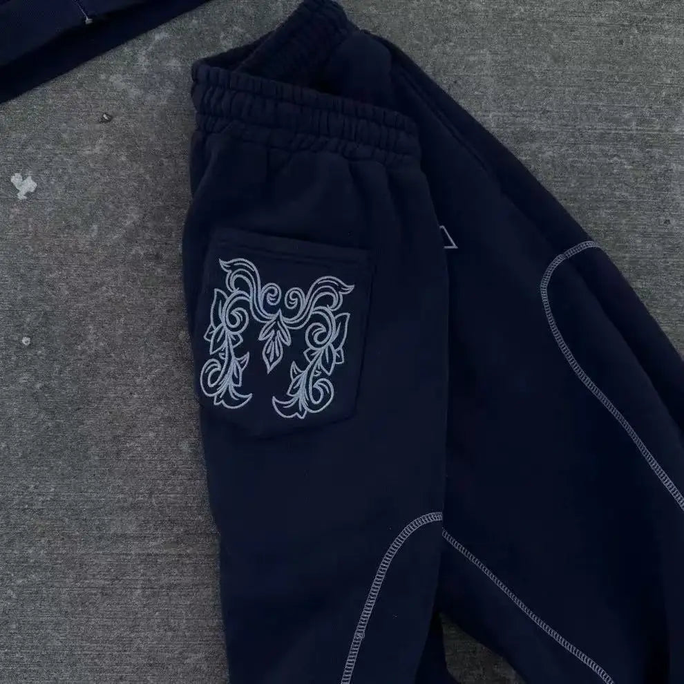 American Y2K Casual Zipper Hoodie Sweatpant Two Piece Set HipHop Oversized Embroidery Sweatshirts Men Women Casual Pants