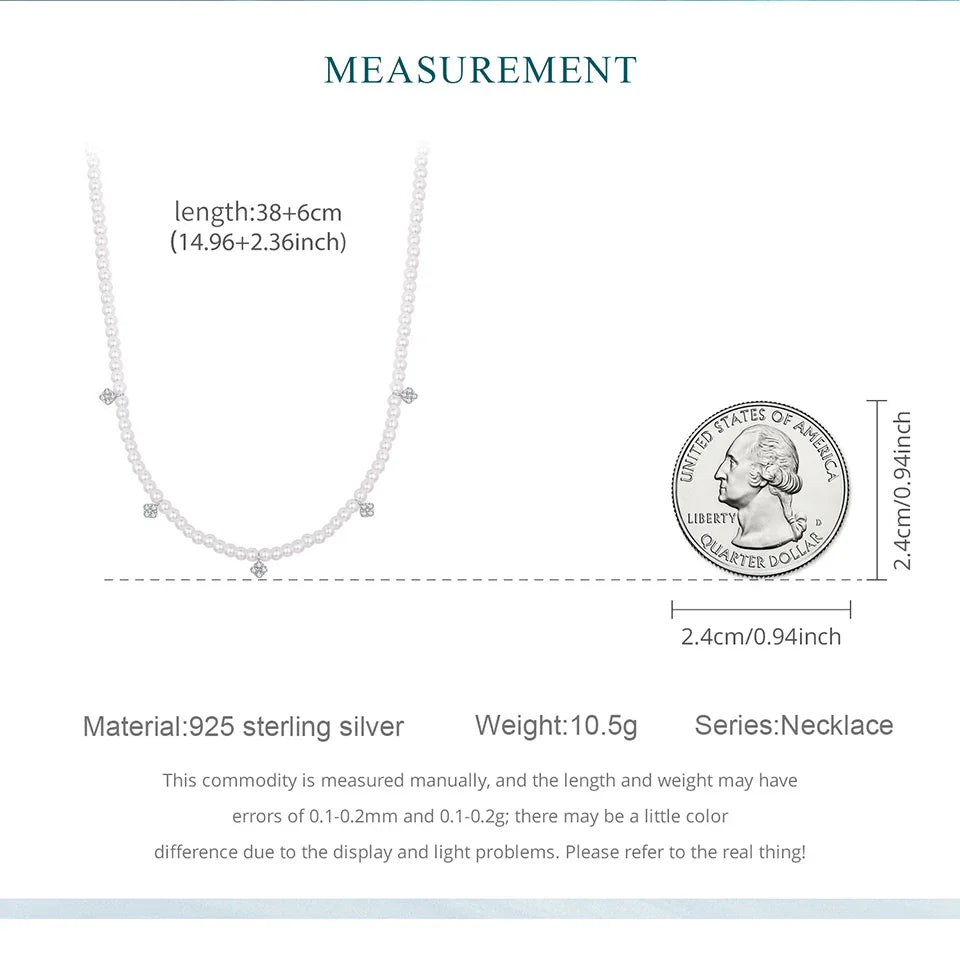 925 Sterling Silver Stackable Full Pearl Necklace Lucky Four-Leaf Clover Beads Strand Necklace for Elegant Women Gift