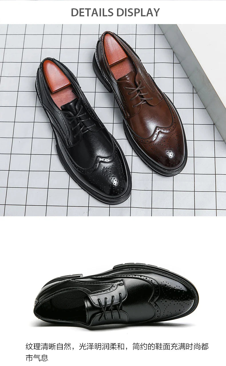 Men's Leather Brogue Oxford Dress Shoes Formal Business Handmade Classic 2026 Brown Black Chaussure Homme