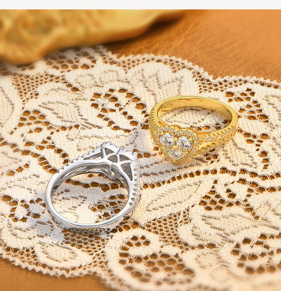 Three Stone Heart Halo Moissanite Ring for Women Round Cut S925 Silver Half Enternity Wedding Band Holiday Gift Jewelry