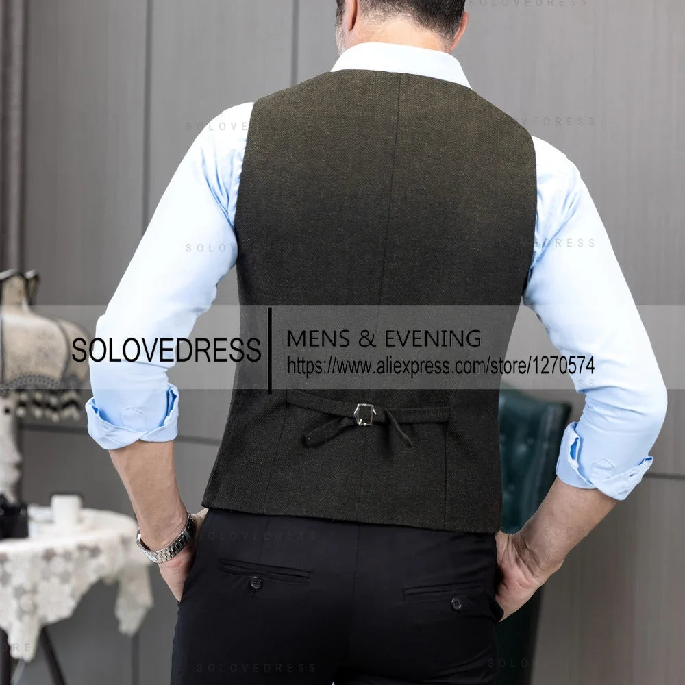 Men's Formal Suit Vest V-Neck Tweed Herringbone Waistcoat Business Dress Suit Vests for Wedding
