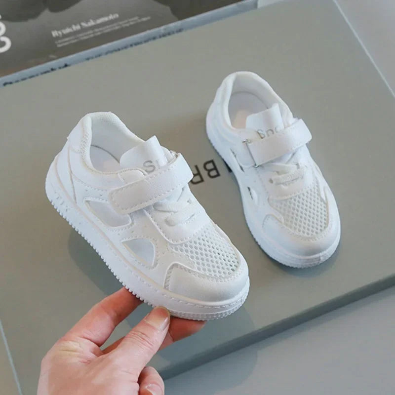 Children White Shoes 2024 Summer Boys Sports Shoes Mesh Breathable Board Shoes Girls Hollow Casual Sneakers Soft Sole Kids Shoes