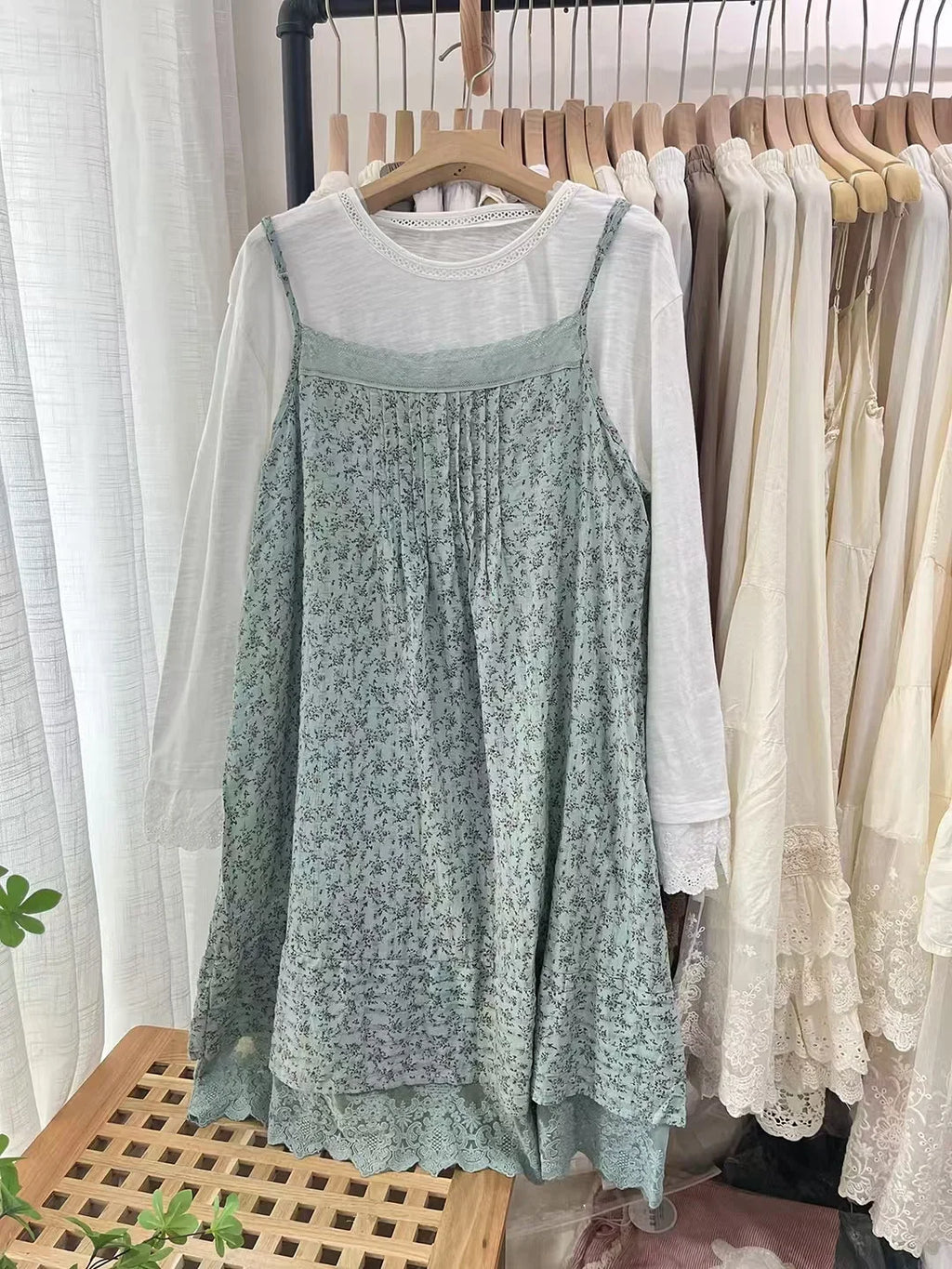 100% Cotton lace embroidery patchwork print slip dress mori girl autumn summer Japan style sweet petticoat dress cute clothes