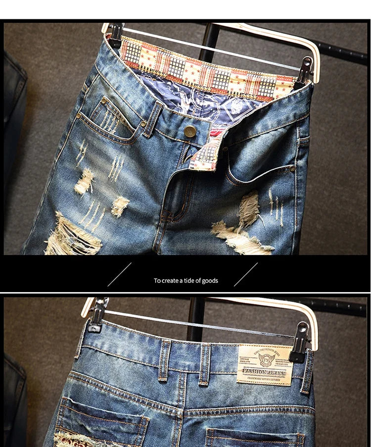Streetwear Men's Ripped Denim Shorts Straight Slim Fashion Hip Hop Short Pants Big Hole Vintage Knee Length Jeans