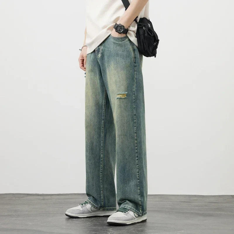 Korea Baggy Cargo Jeans Men Vintage Straight Ripped Y2k Pants Fashion Frayed High Street Distressed Denim Trousers Male Clothes