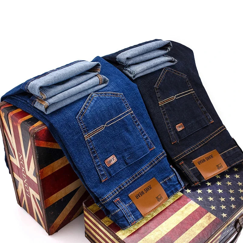 Autumn Classic Men's Fitted Stretch Jeans Business Casual Cotton Denim Straight Leg Pants Male Black Blue Trousers