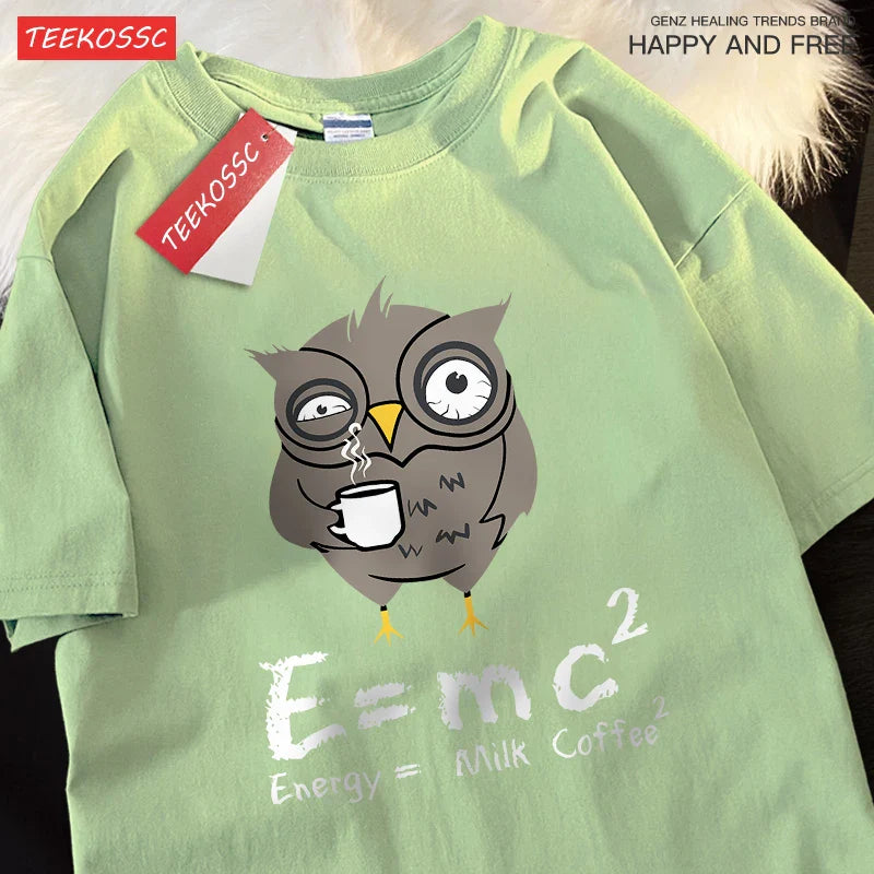تي شيرت رجالي مطبوع عليه شعار "Energy Milk Coffee Fun Formula" من القطن بياقة مستديرة وتصميم فضفاض كبير الحجم مناسب للشارع ومناسب للزوجين