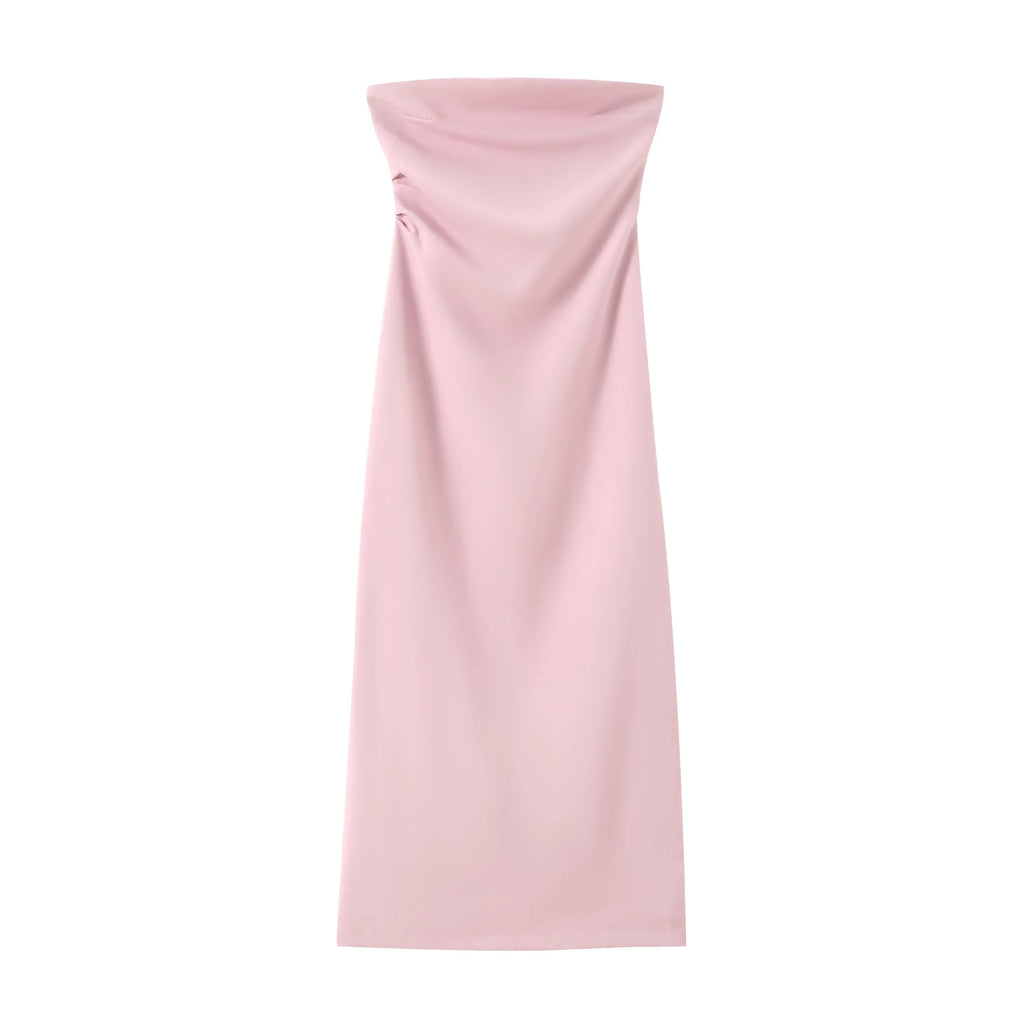 Women Fashion Summer New Sexy Split Back Zip Pleated Sleeveless Strapless Dress Chic Female French Elegant Evening