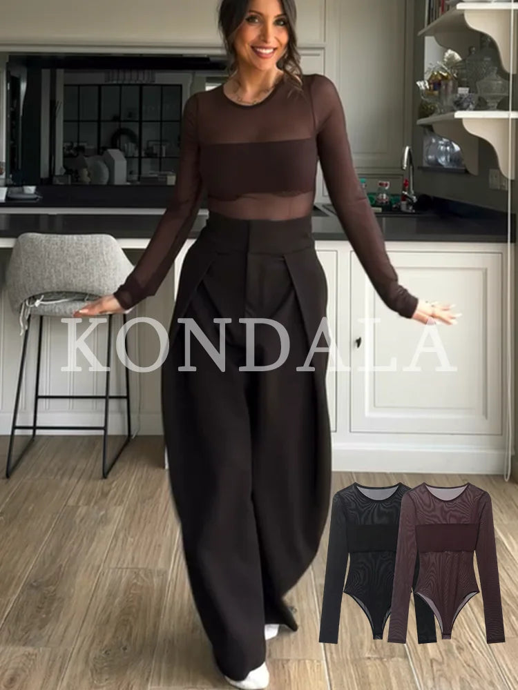 KONDALA Trendy Sexy Sheer Bodysuit Long Sleeve Bodysuit Fashion 2026 Spring Summer Party Holiday Date See-Through Lady Tops
