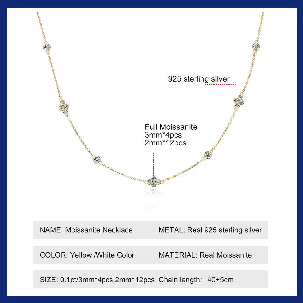 925 Sterling Silver Choker Necklaces 3mm Moissanite Clover Necklace for Women Neck Chain Female Jewelry Gift