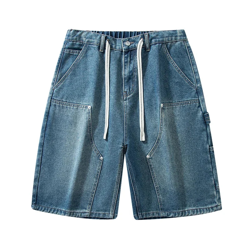 Men's Baggy Cargo Shorts Summer New Fashion Drawstring Straight Casual Jeans Streetwear Pocket Splicing Male Short Pants