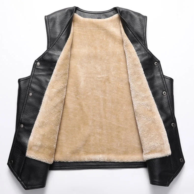 2024 Winter Men Thick Warm Fleece Leather Vest Coat  Male V-Neck Single Breasted Vest Casual Male Clothing Outerwear