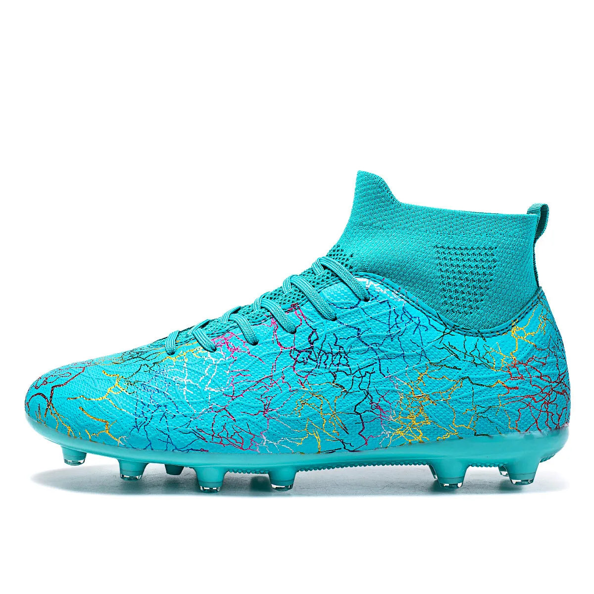 High quality, high-top football shoes, unisex style, comfortable, breathable, available in TF and FG options.  Sole spikes