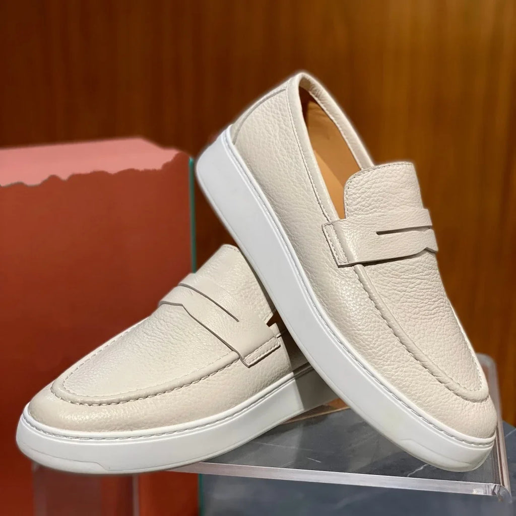 2026 New Men Genuine Grain Leather Penny Loafers Slip On Platform Non Slip Soft Sole Business Casual Driving Daily Walking Shoes