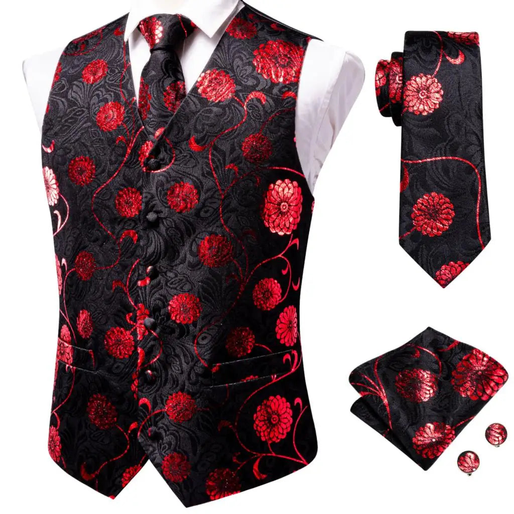 Black Red Floral Mens Vest Tie Set Jacquard Waistcoat Sleeveless Jacket Necktie Hanky Cufflinks Wedding Business XXL