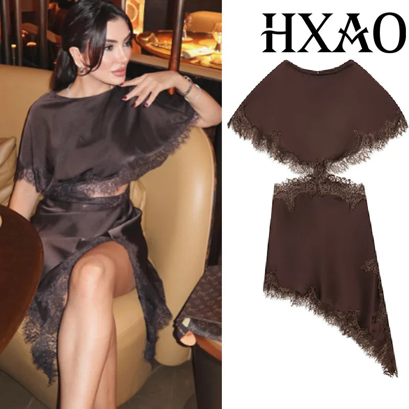 Cut Out Black Dress Woman Asymmetrical Lace Midi Dress Cape Sleeve Elegant Party Dresses Women Sexy Luxury Cocktail Dress