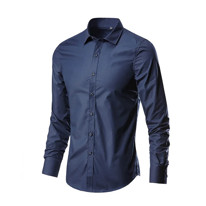 Men's Dress Shirt Elastic Spring Autumn Long Sleeve Anti-wrinkle Free ironing Business Without Pocket Soft Fashion Smooth Slim
