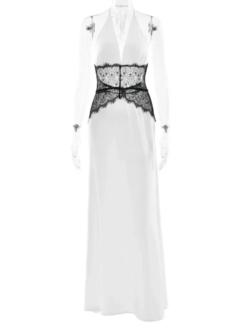 Sexy Deep V-neck Backless Lace Patchwork Satin Dresses for Women 2026 Summer Halter Sleeveless Long Maxi Party Evening Dress