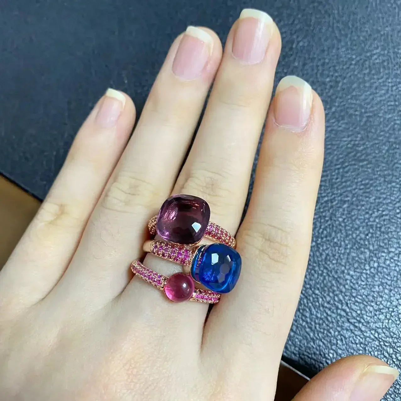 3Pcs/Set Nudo Ring Stacking Set for Women Mix Color Candy Crystal Inlay Zircon Amethyst Blue Topaz Round Jewelry Gift