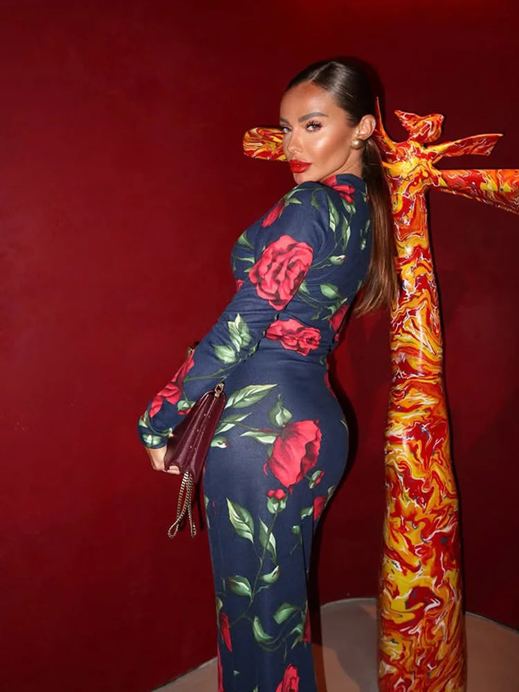 Flower Prints O Neck Women Dresses Sheath Trendy Fashion Elegant Evening Party Outfits Female Bodycon Long Sleeve Robes