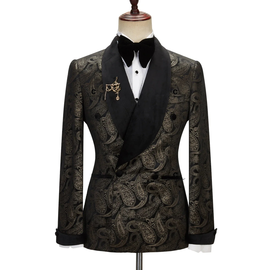 2023 Elegant Men's Suit for Wedding Tuxedo Double Breasted Black Paisley Jacket Velvet Lapel Pants 2 Pcs Set