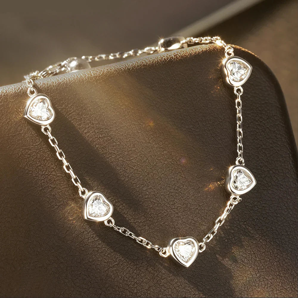 Certified 4mm Bezel Set Heart Cut Moissanite Diamond Bracelets for Women 100% S925 Silver Charm Bracelet Wrist Chain Adjustable